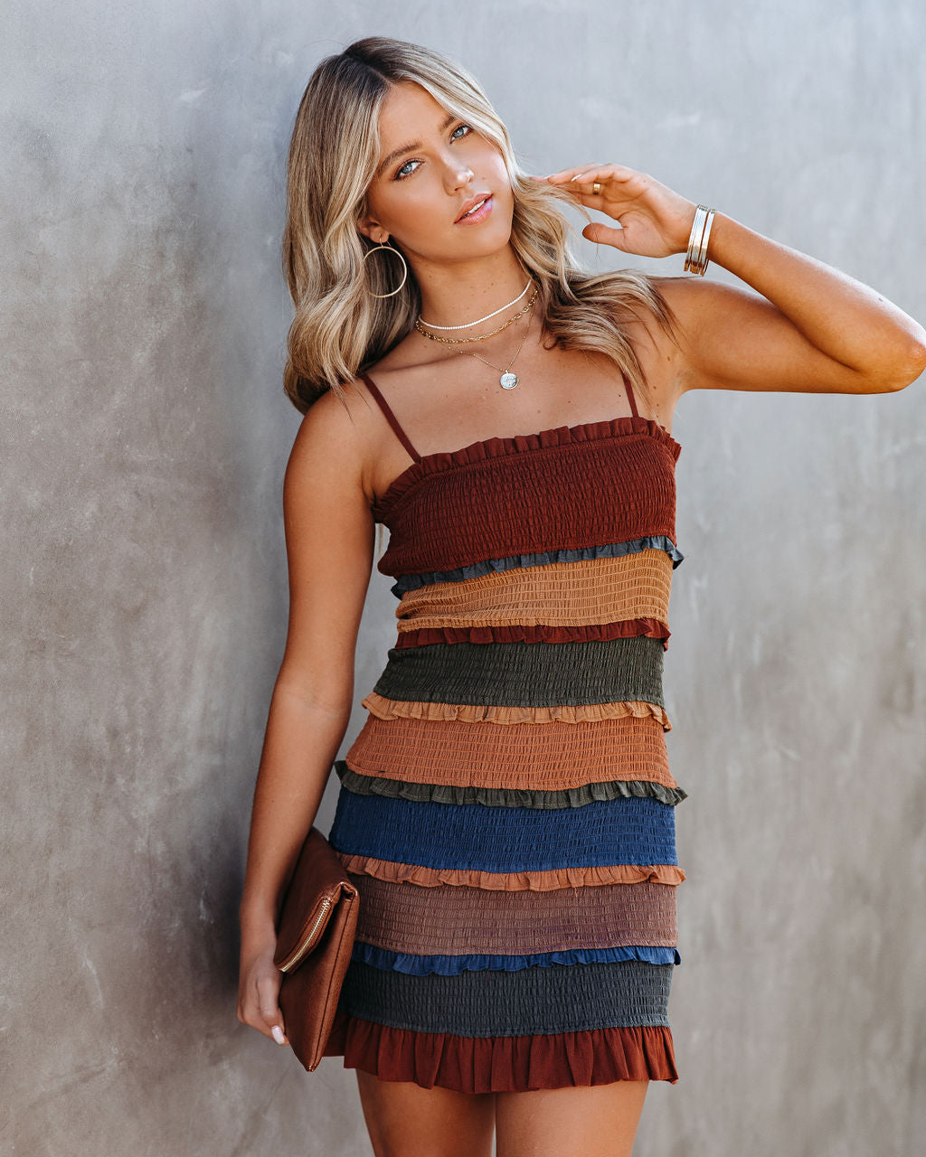 Shirred Straight Neck Tiered Ruffle Mini Dress