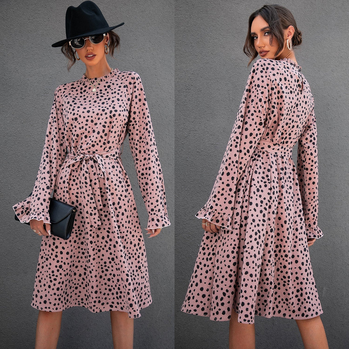 KittenAlarm - All Over Leopard Print Flounce Sleeve Belted Dress