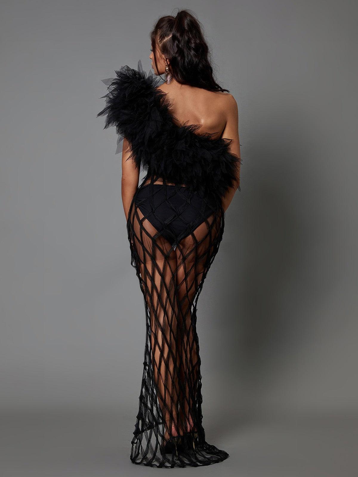 One Shoulder Feather Trim Fishnet Tulle Maxi Dress 5