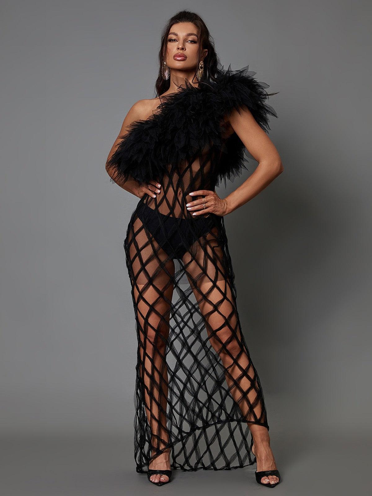 One Shoulder Feather Trim Fishnet Tulle Maxi Dress 4
