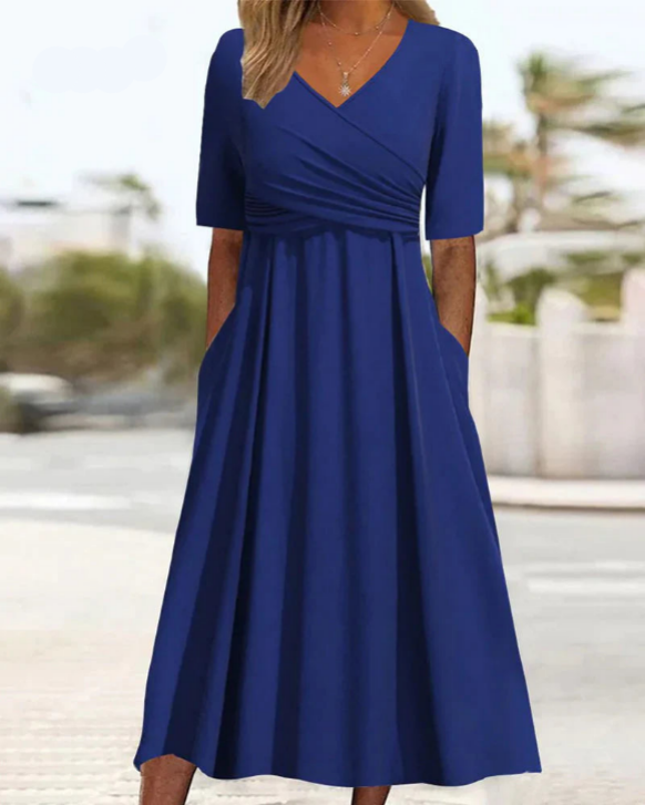 Wrap Deep V-Neck Short Sleeve Ruched A-Line Midi Dress