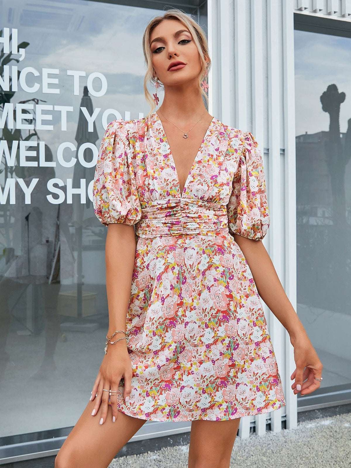 KittenAlarm - Allover Floral Print Puff Sleeve V neck Dress