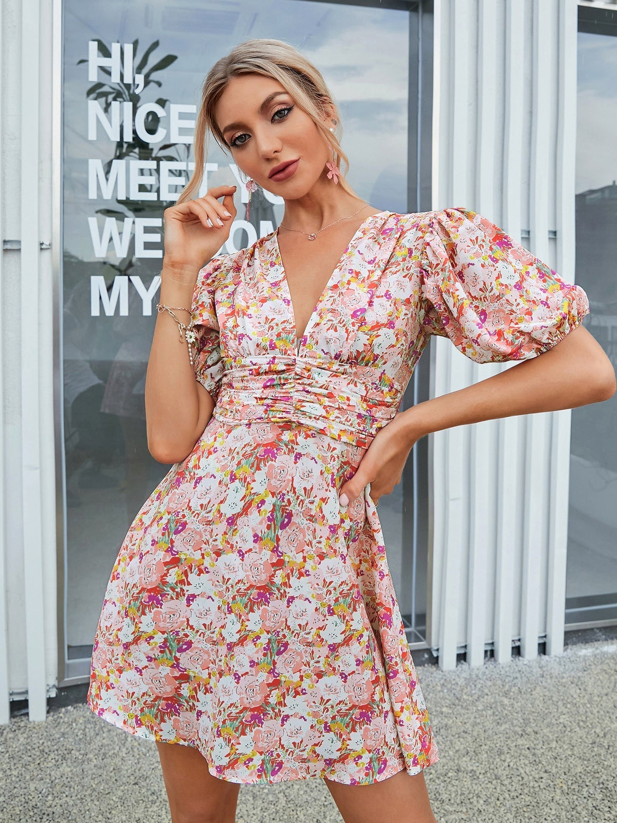 KittenAlarm - Allover Floral Print Puff Sleeve V neck Dress