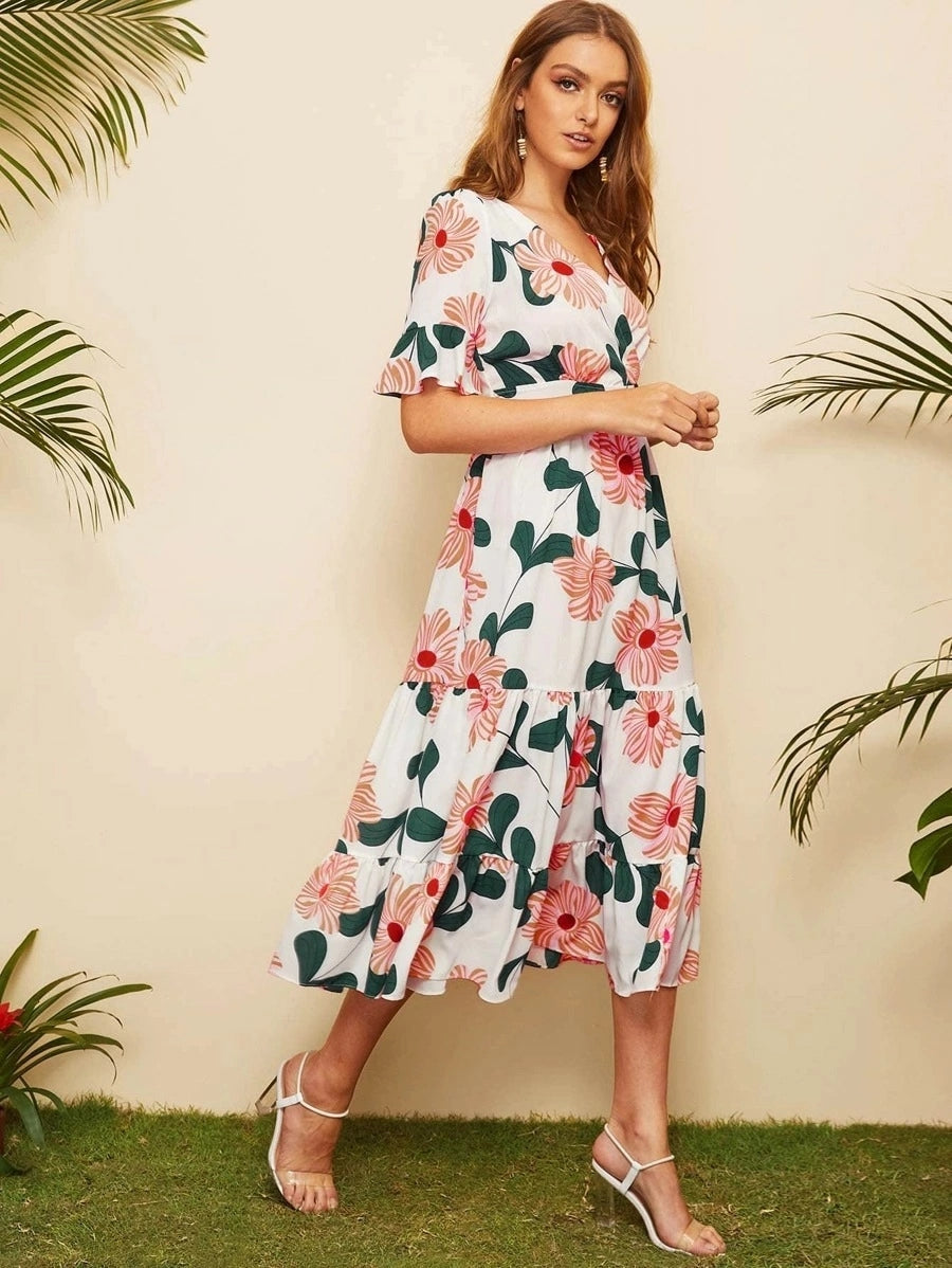 KittenAlarm - Allover Floral Print Surplice Neck Ruffle Hem Dress