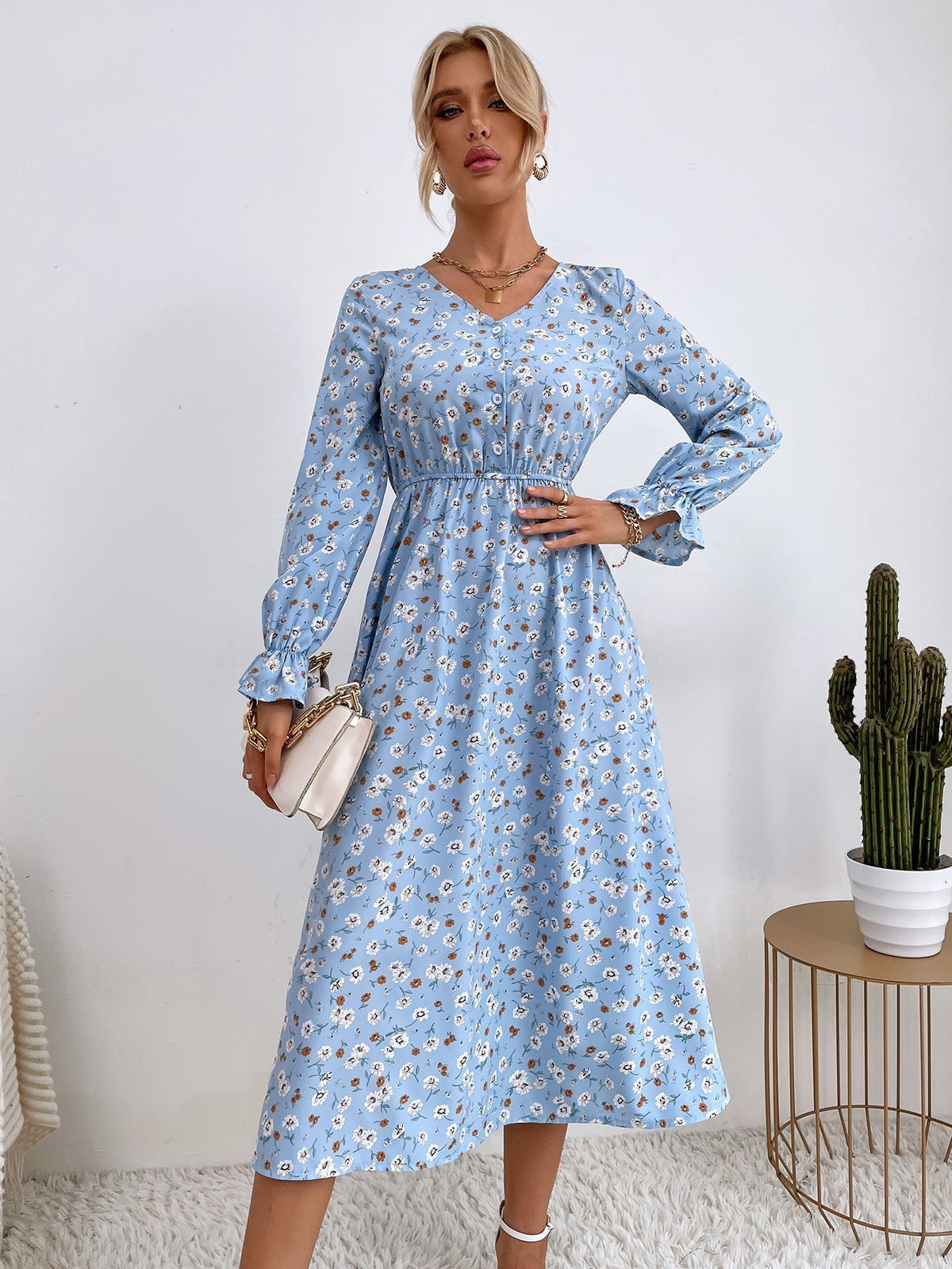 Ditsy Floral V-Neck Long Sleeve Button Midi Dress