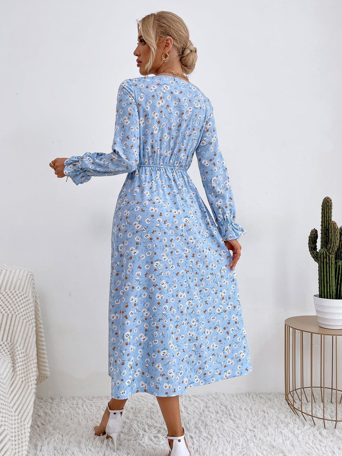 Ditsy Floral V-Neck Long Sleeve Button Midi Dress