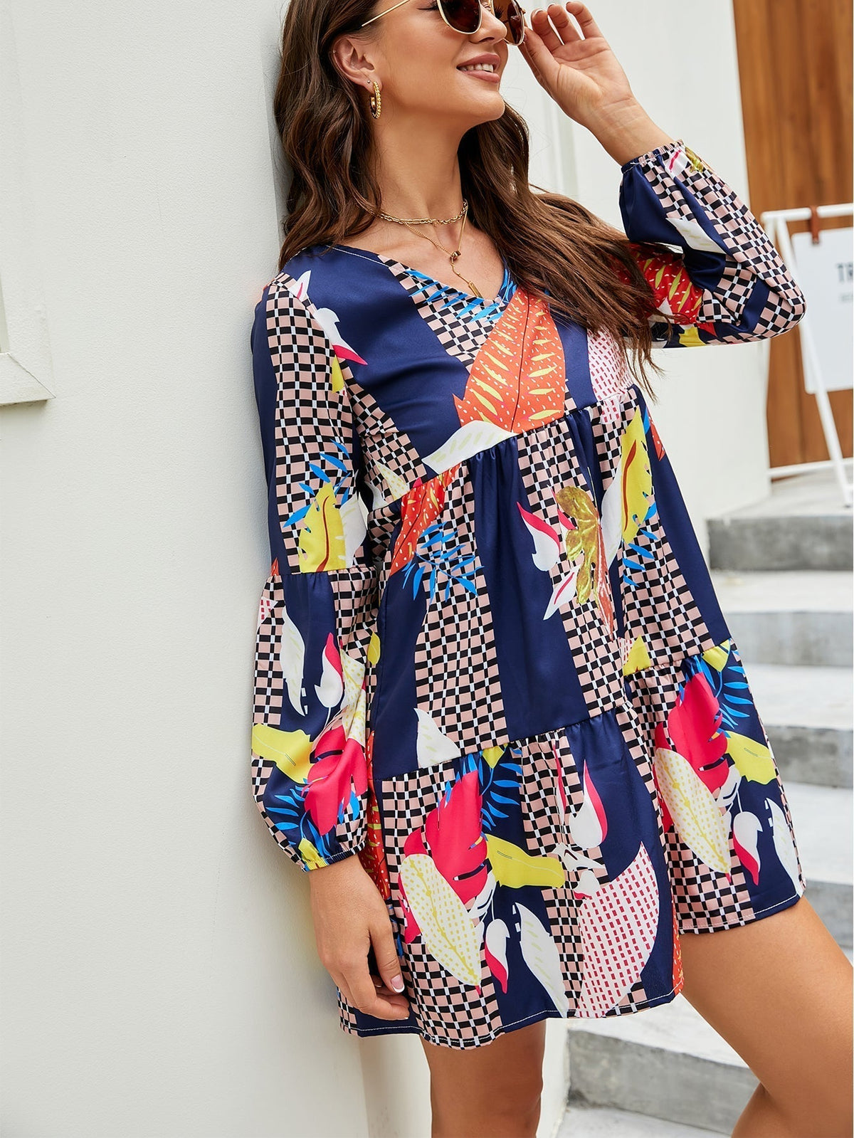Leaf Print V-Neck Long Sleeve Tiered Babydoll Mini Dress