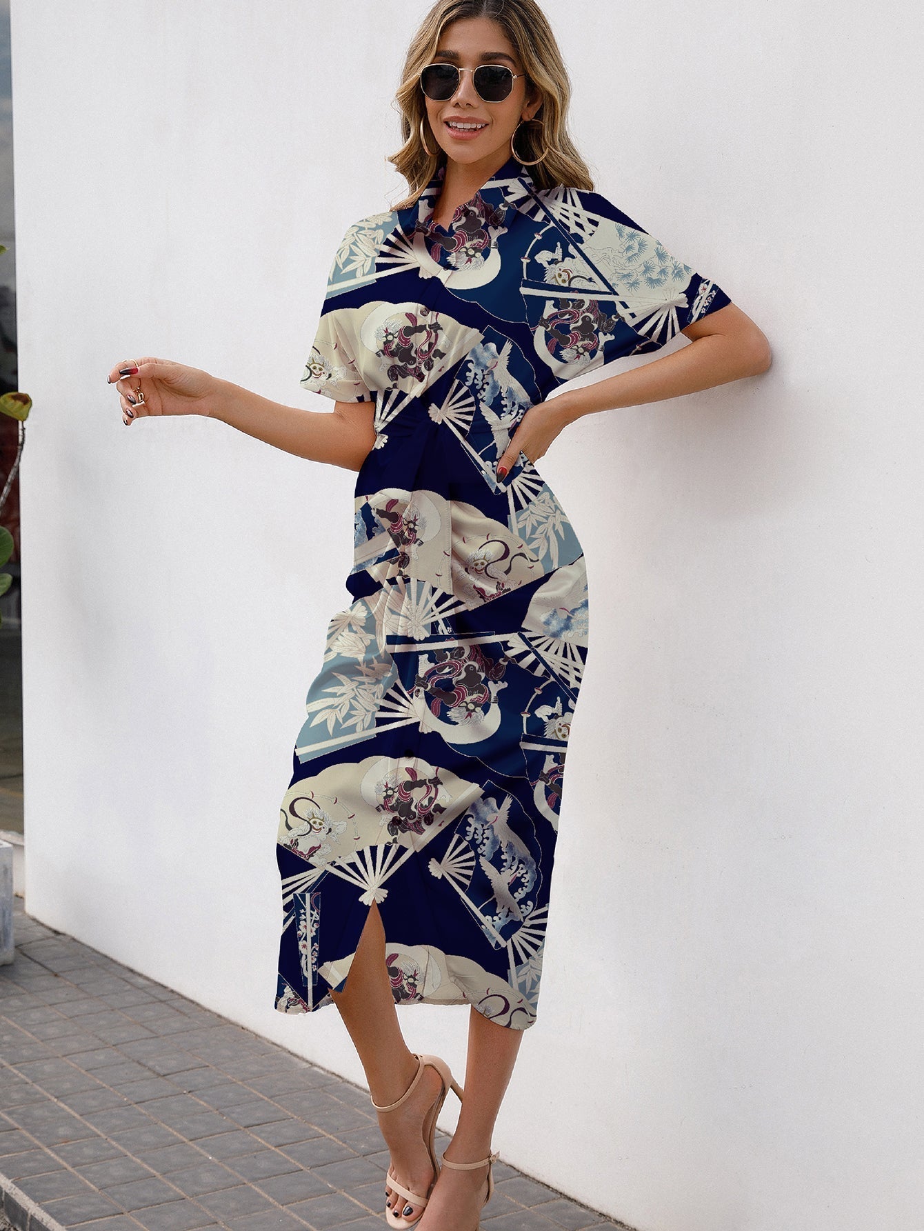 Allover Print Button Up Tie Front Shirt Dress - Fashionpara