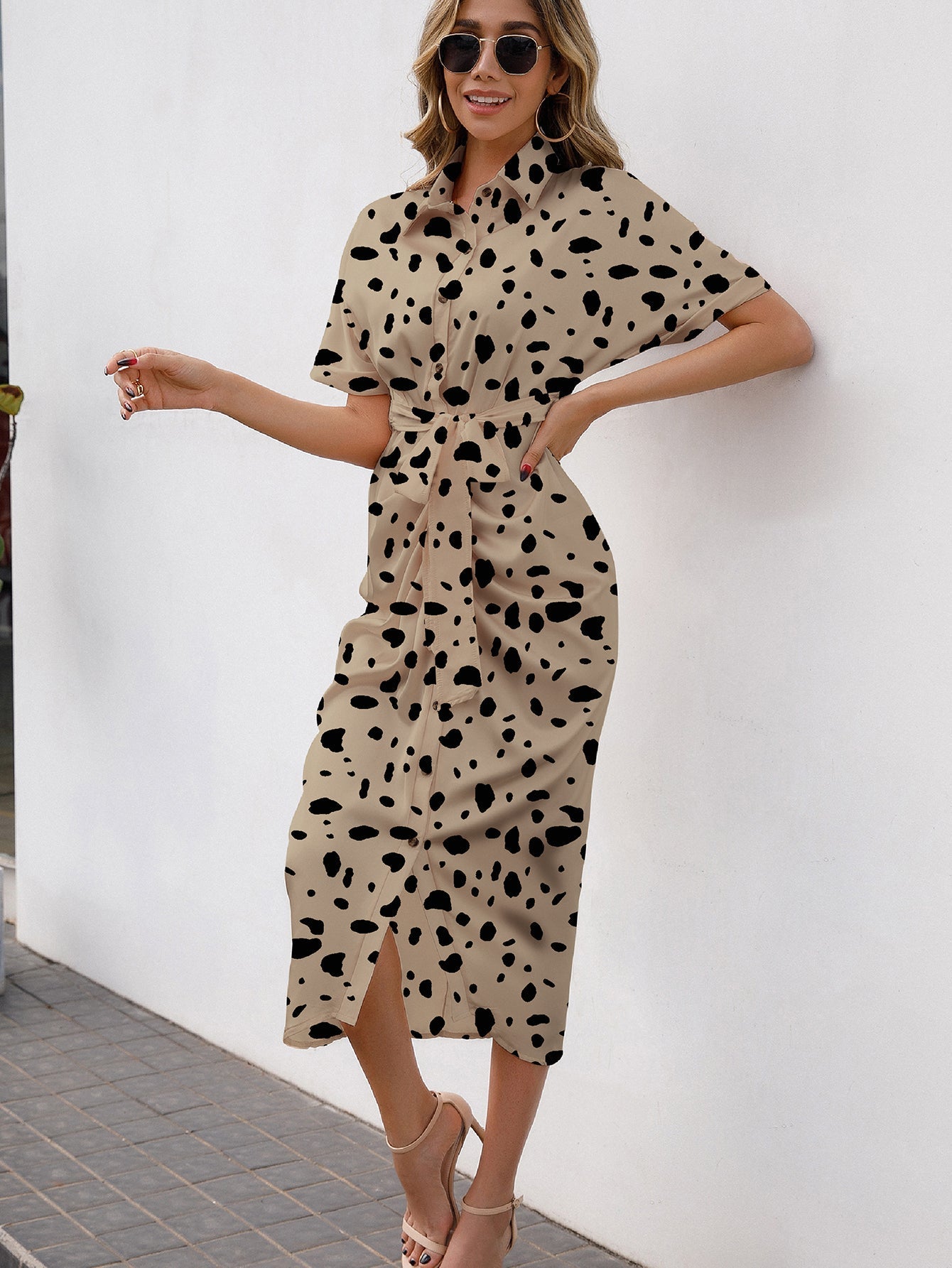 Allover Print Button Up Tie Front Shirt Dress - Fashionpara