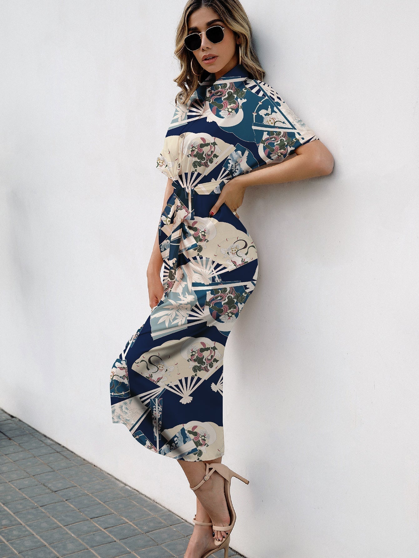 Allover Print Button Up Tie Front Shirt Dress - Fashionpara