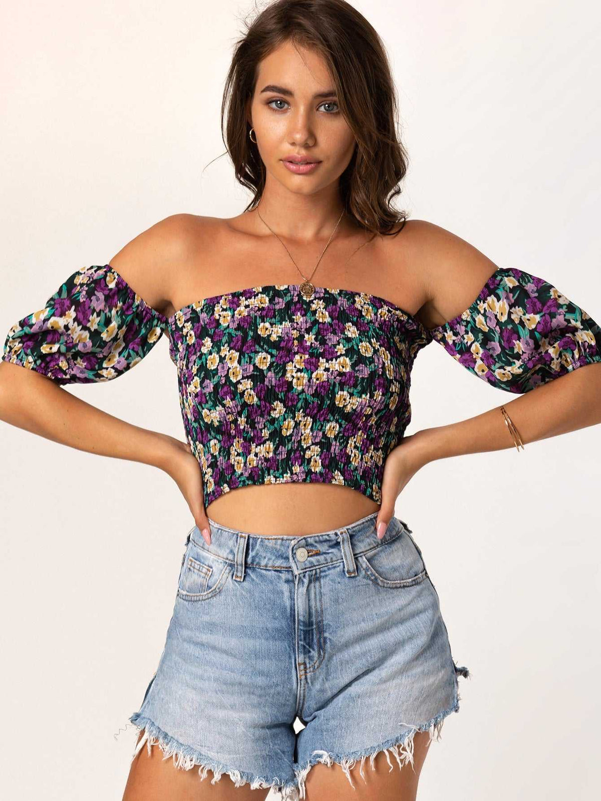 KittenAlarm - Allover Print Off Shoulder Smoked Crop Top