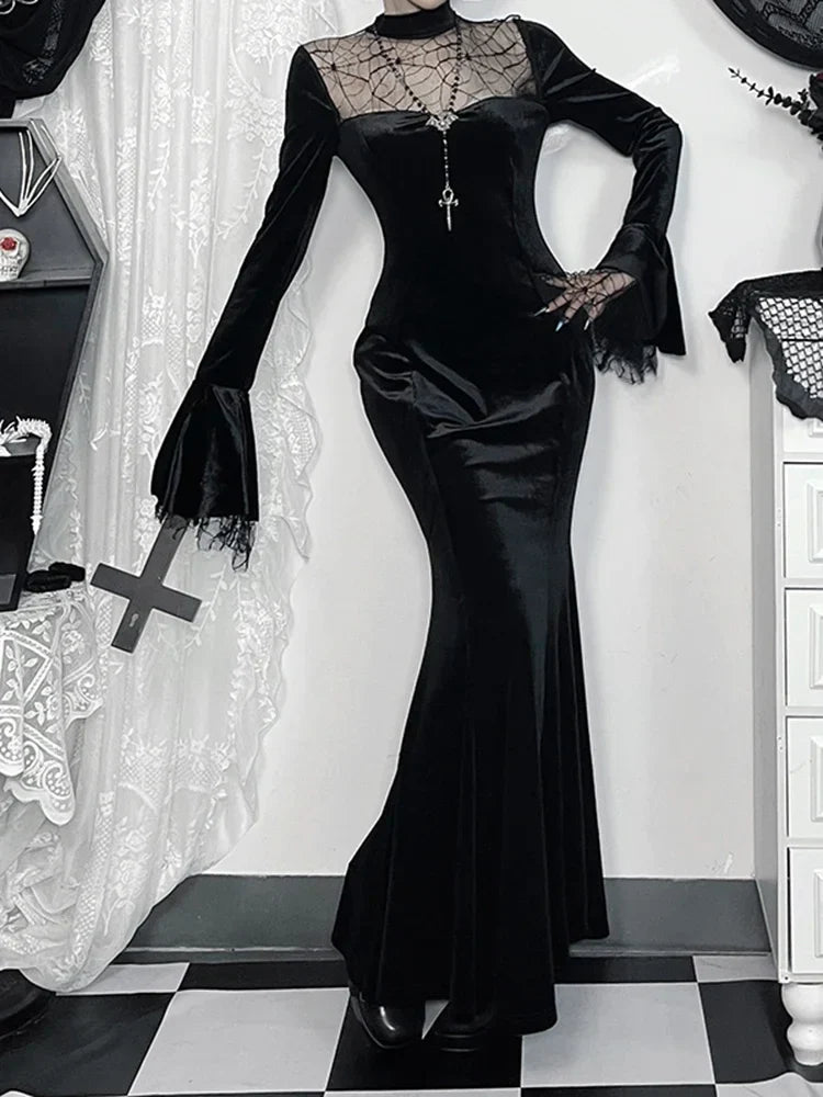 Spider Web Mesh Patchwork Long Dress