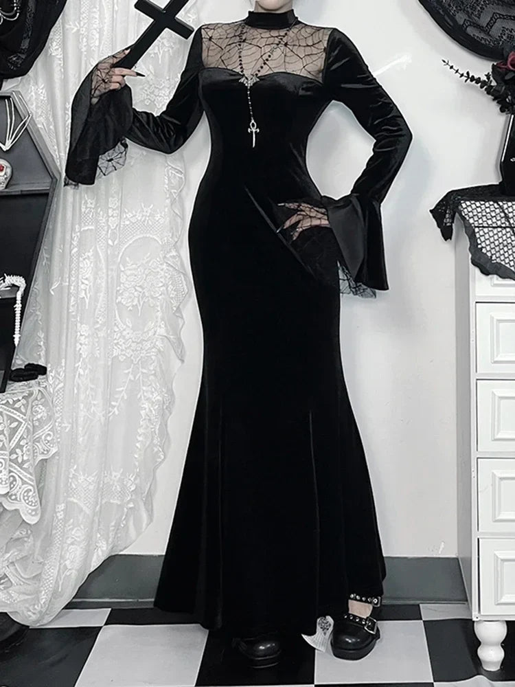 Spider Web Mesh Patchwork Long Dress