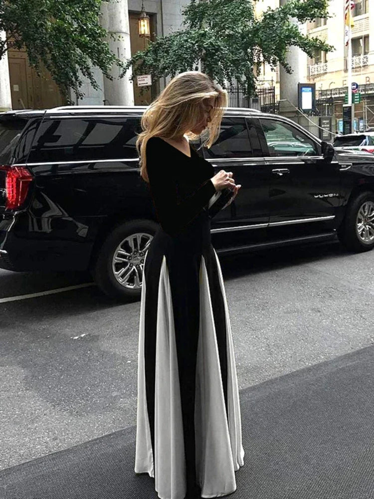 Patchwork Border Long Sleeve Full-Length Dress