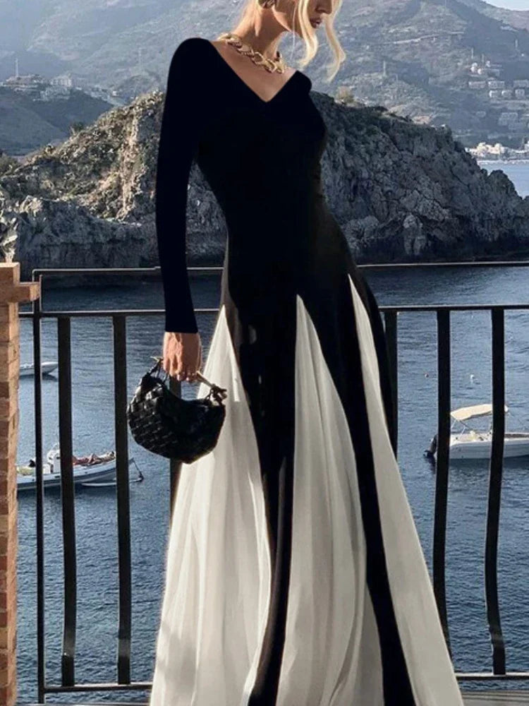 Patchwork Border Long Sleeve Full-Length Dress