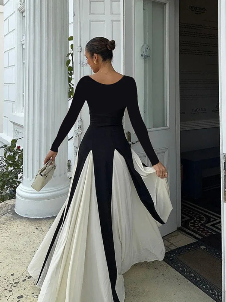 Patchwork Border Long Sleeve Full-Length Dress