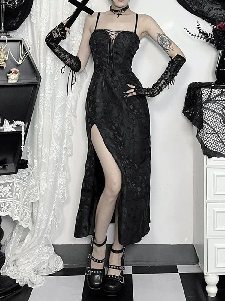 Tie-up Jacquard Thin Spaghetti Medium Dress