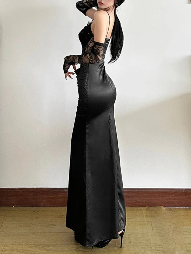 Seductive Bodice Lace Patchwork Elevated Waist Full-Length Dress