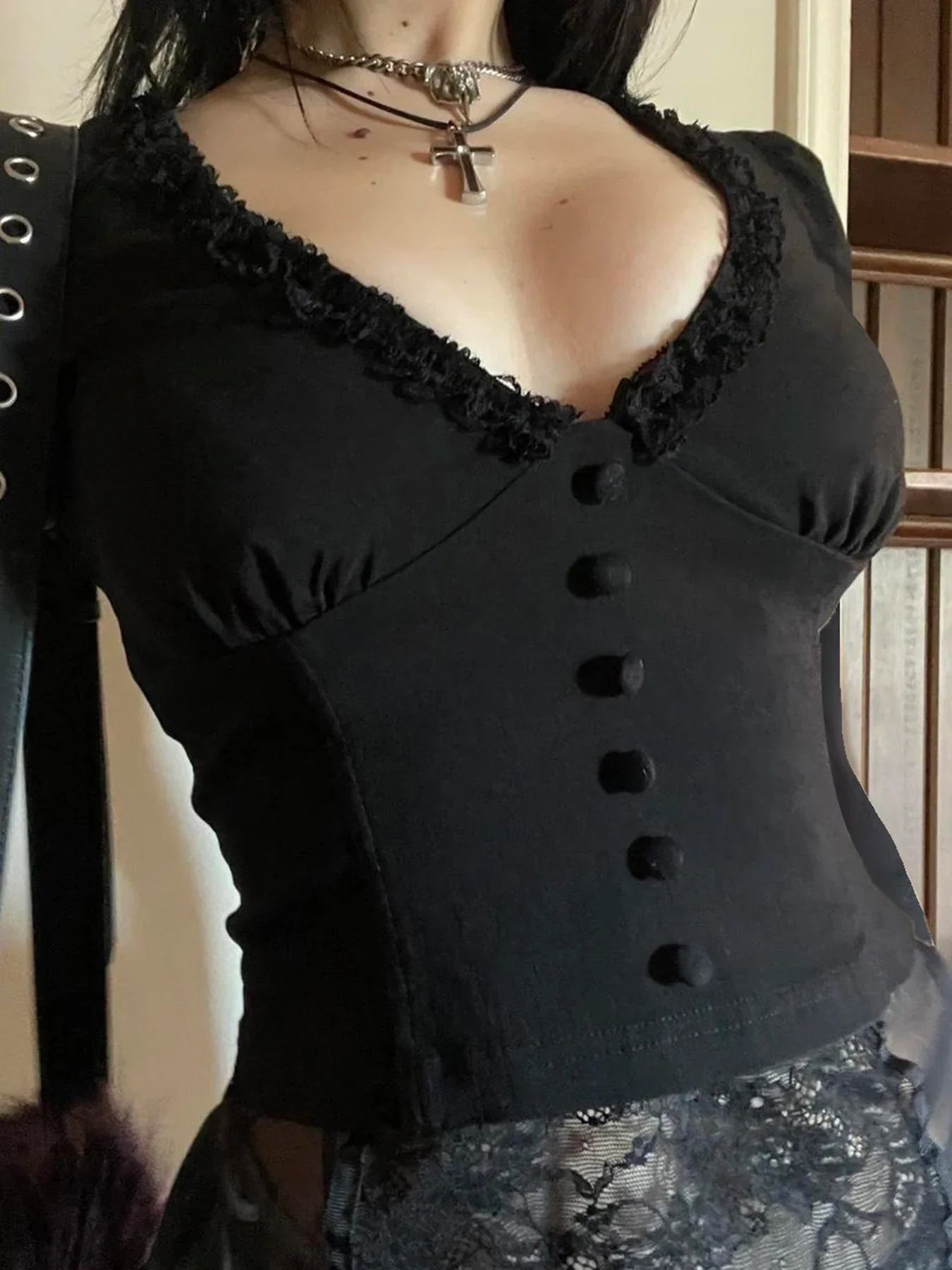 Lace Button Sleeve Knit Top