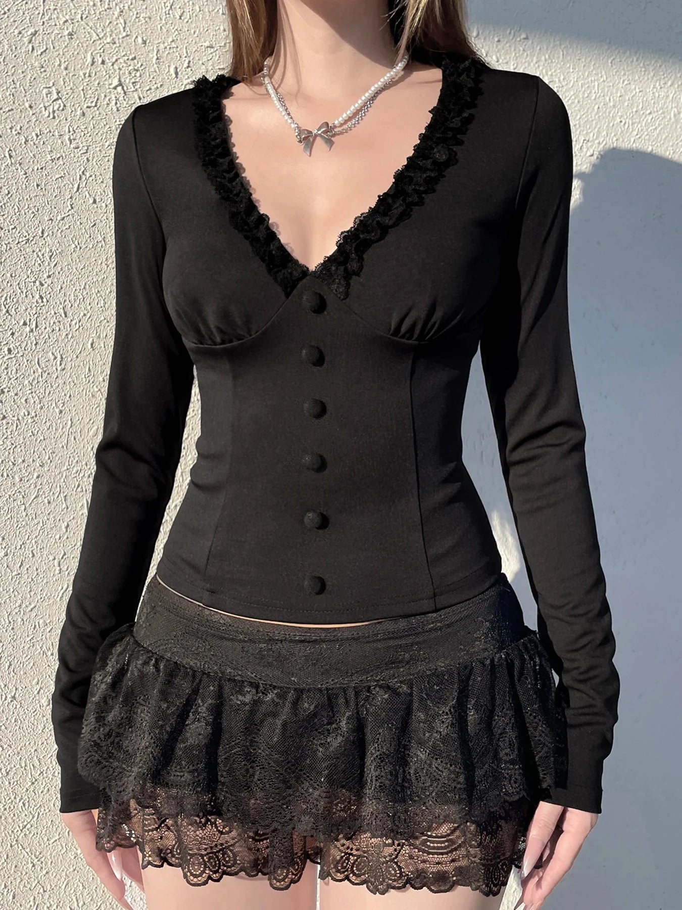 Lace Button Sleeve Knit Top