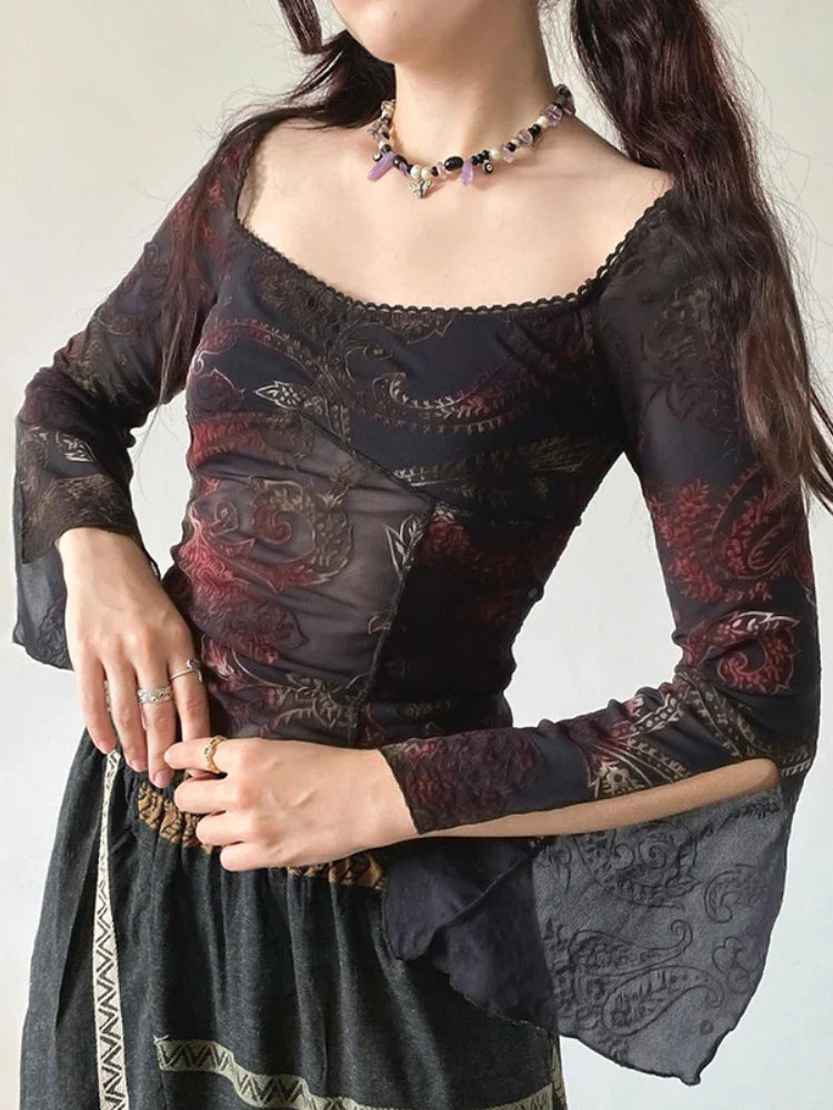 Flower Square Collar Knitted Top
