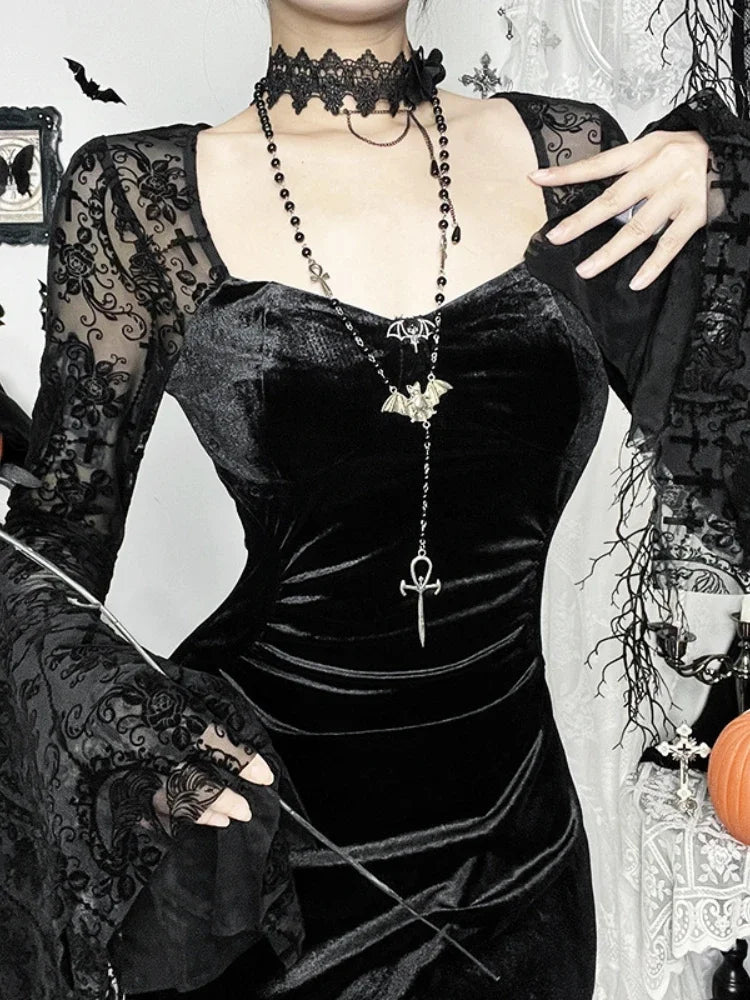 Antique Flare Sleeve Square Collar Full-Length Dress