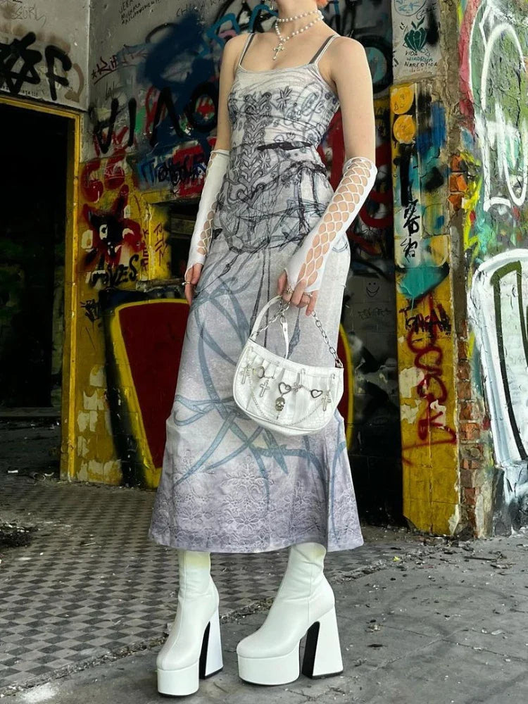 Emotional Y2K Butterfly Printed Tall Waist Full-Length Dress