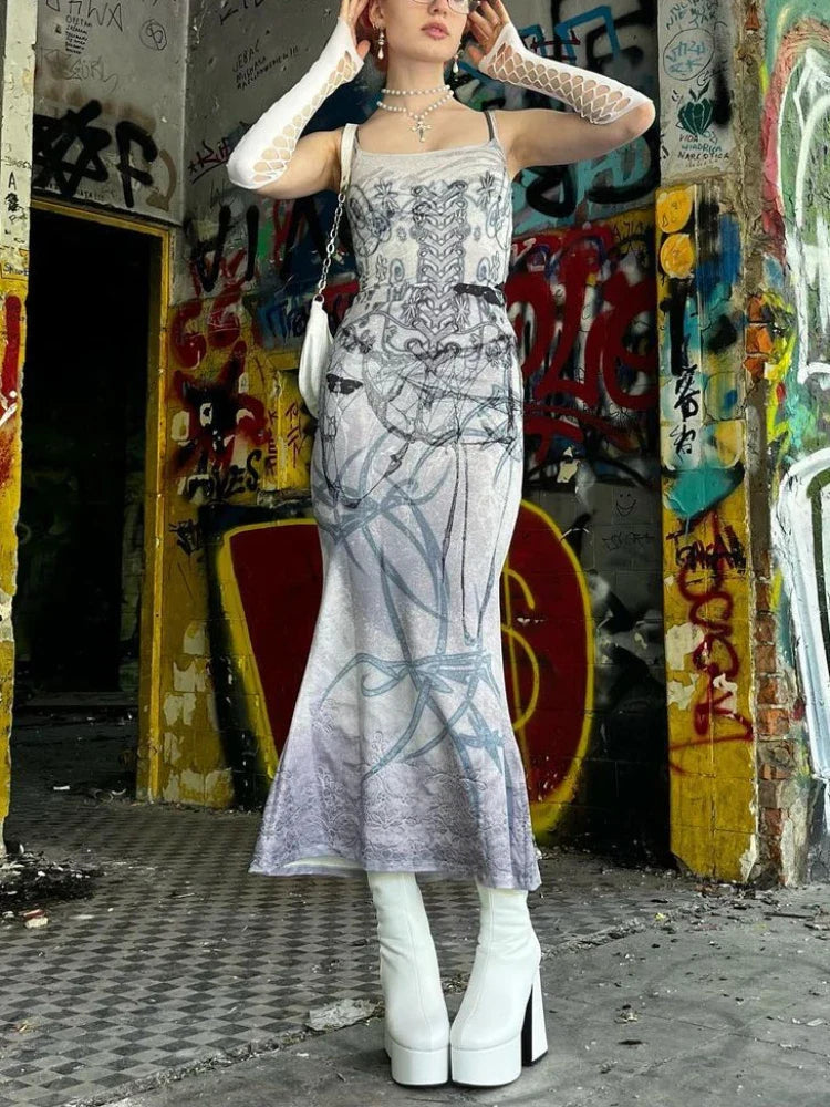 Emotional Y2K Butterfly Printed Tall Waist Full-Length Dress