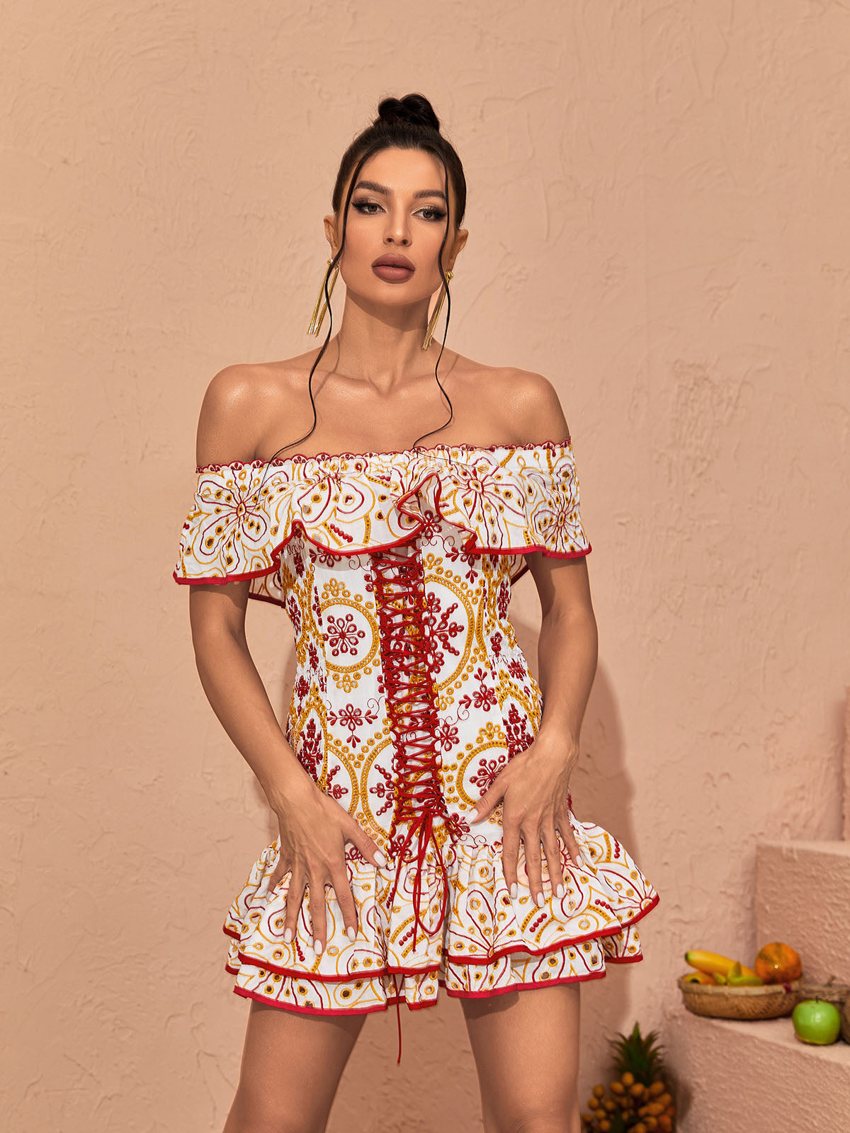 Print Off-Shoulder Ruffle Lace-Up Tiered Mini Dress