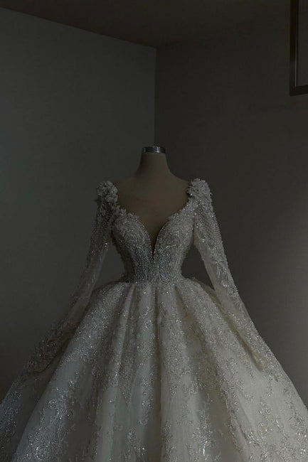 Amazing Long Princess A-line V-neck Lace Beaded Wedding Dress with Long Sleeves - Fashionpara