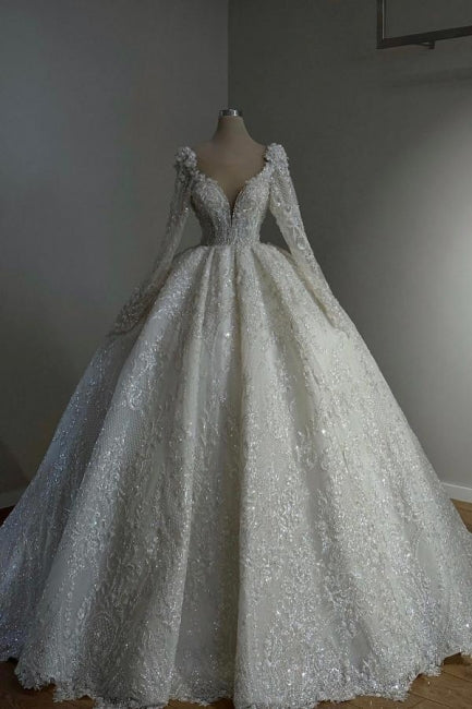 Amazing Long Princess A-line V-neck Lace Beaded Wedding Dress with Long Sleeves - Fashionpara
