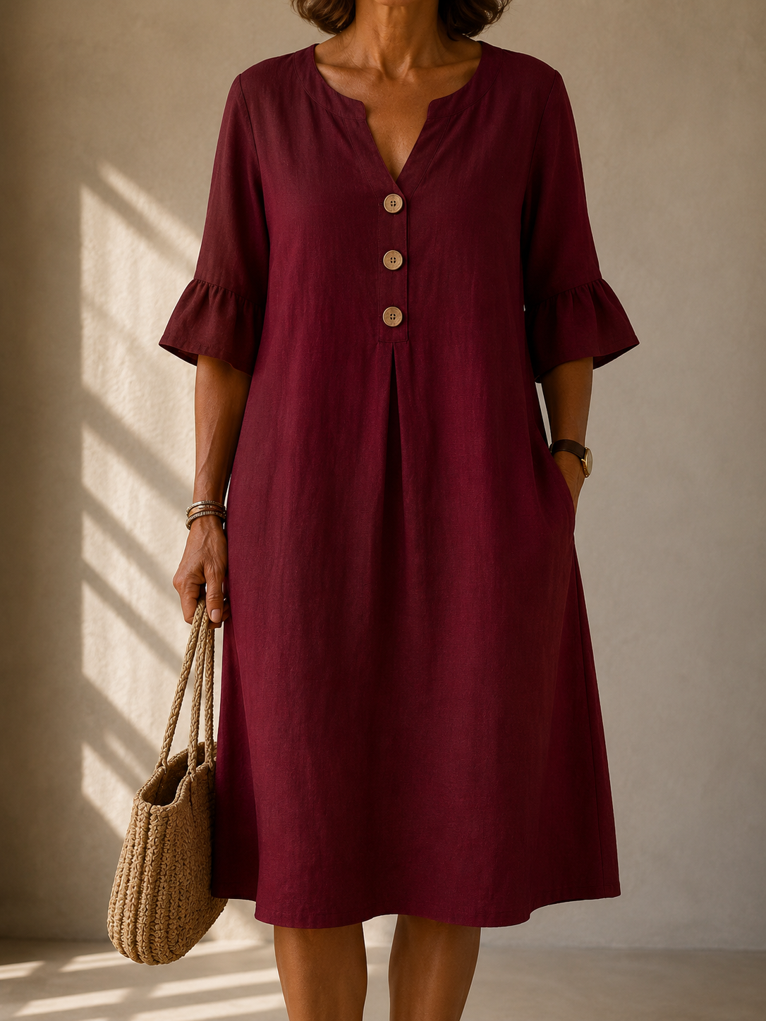 Notch Neck Half Sleeve Button Front Pocket Midi Dress
