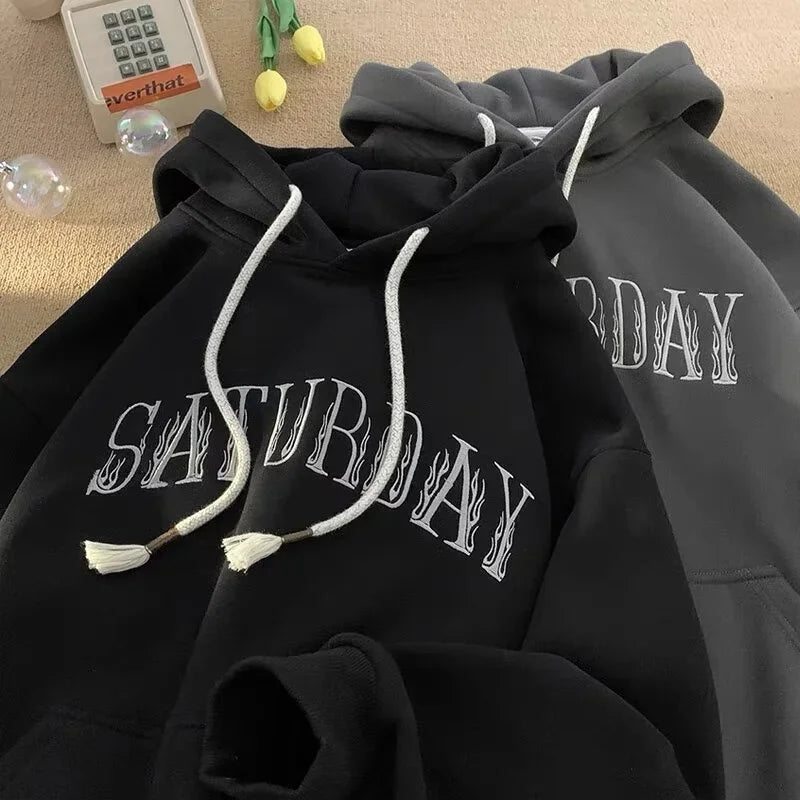 American Flame Print Fleece Y2K Hoodie