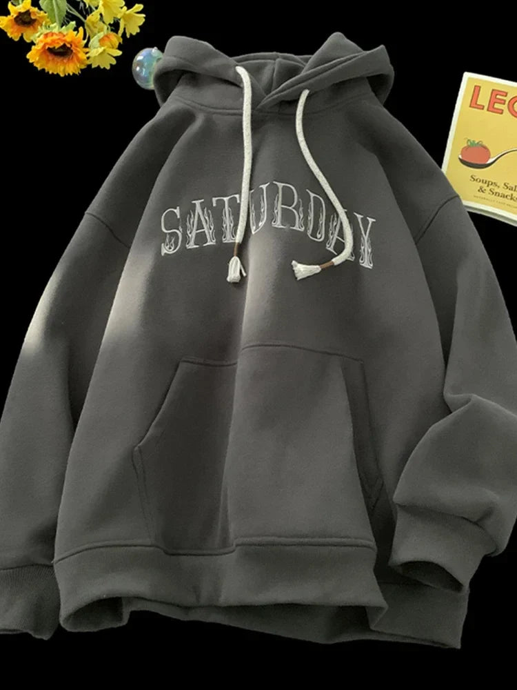 American Flame Print Fleece Y2K Hoodie