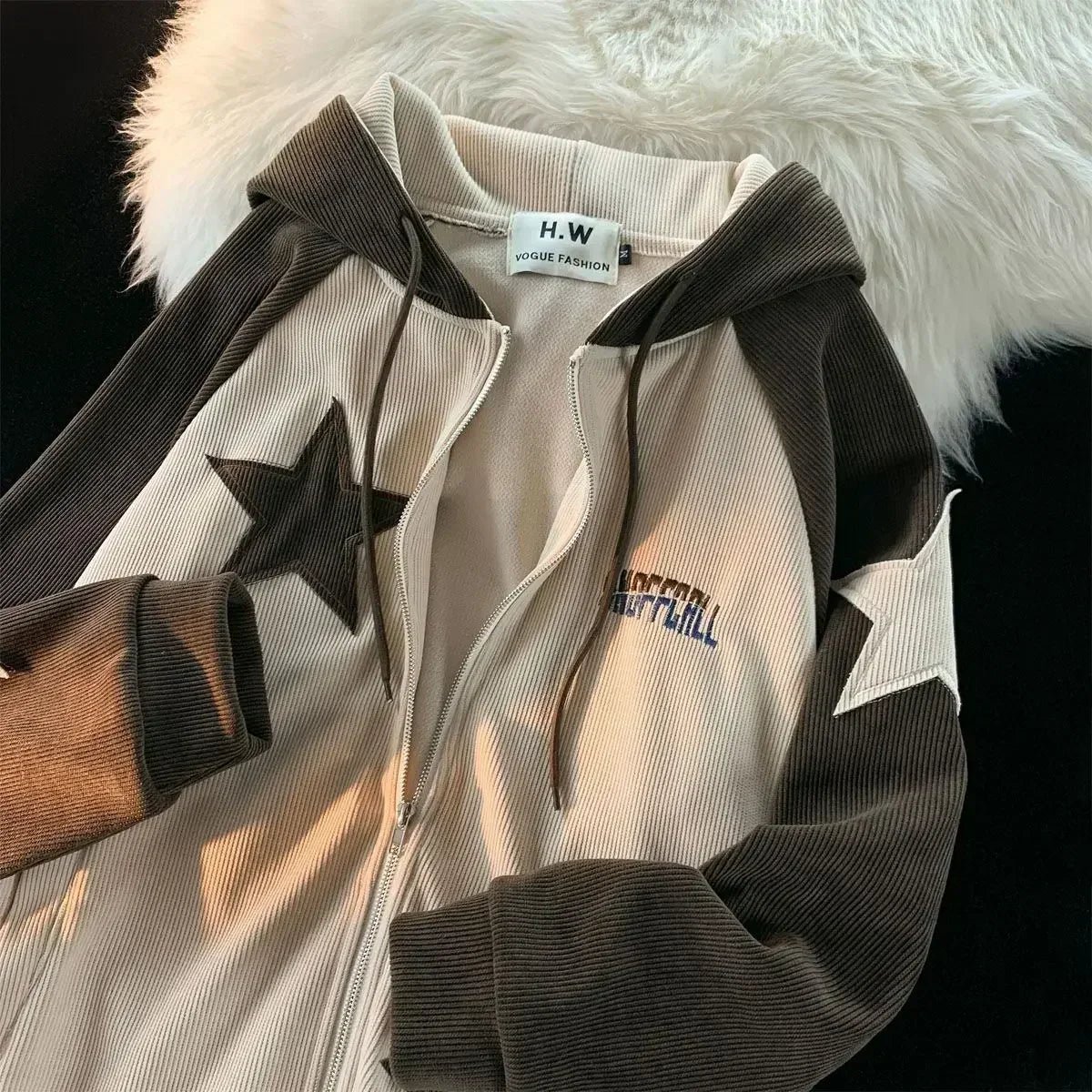 Retro Star Patch Zipper Hoodie white / M