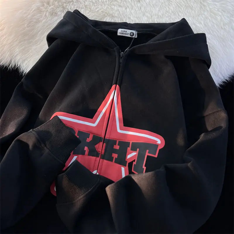 Star Print Retro Zipper Hoodie