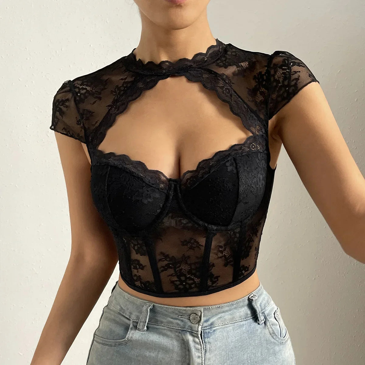 Retro Flower Lace Fishbone V-neck Crop Top