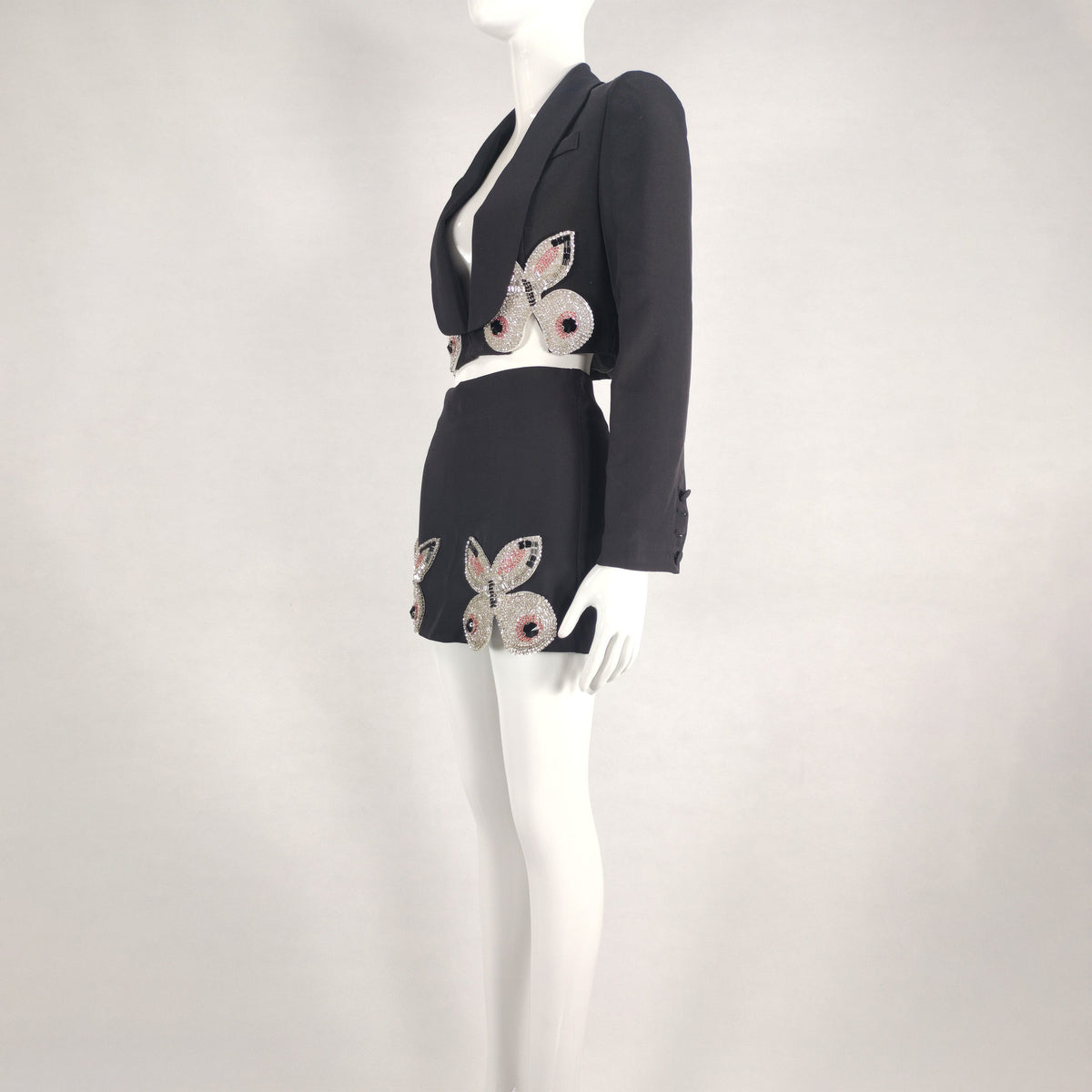 KittenAlarm - Amy Butterfly-crystal Cropped Blazer Skirt Set