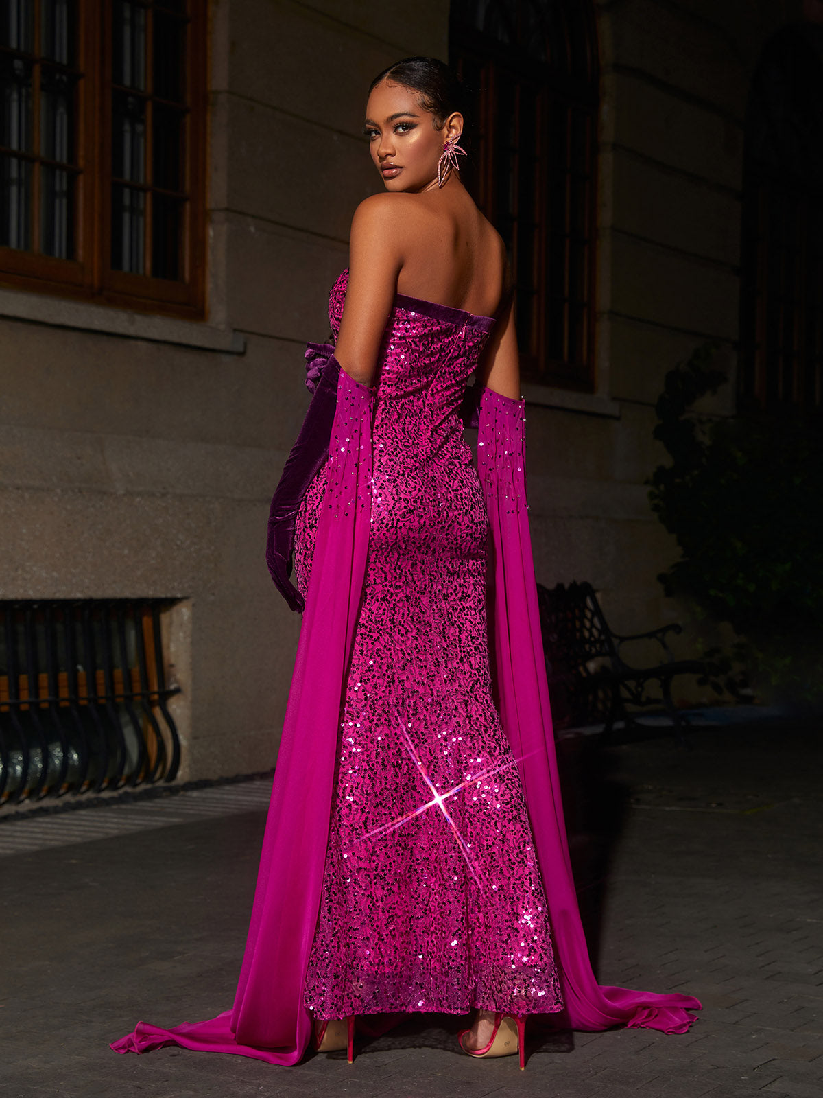 Anica Strapless Sequin Maxi Dress With Gloves - View 5