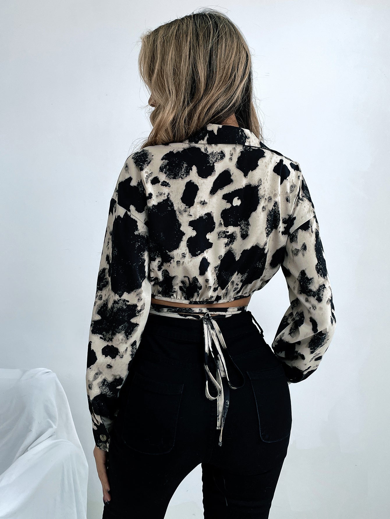 Animal Print Button Up Self Waist Tie Crop Blouse - Fashionpara
