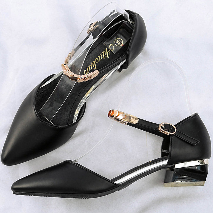 Ankle Buckle Low Heels Pointed Toe Shoes - Mislish
