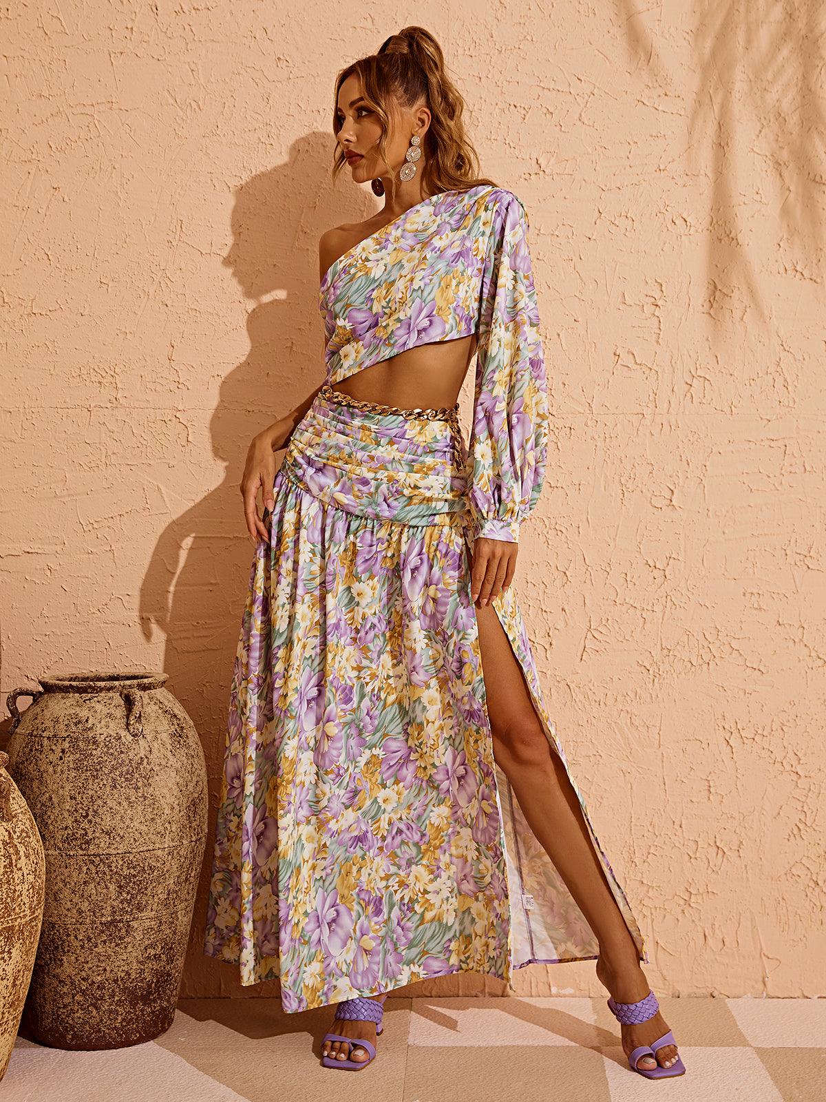 Annabella One Shoulder Floral Cutout Maxi Dress In Purple