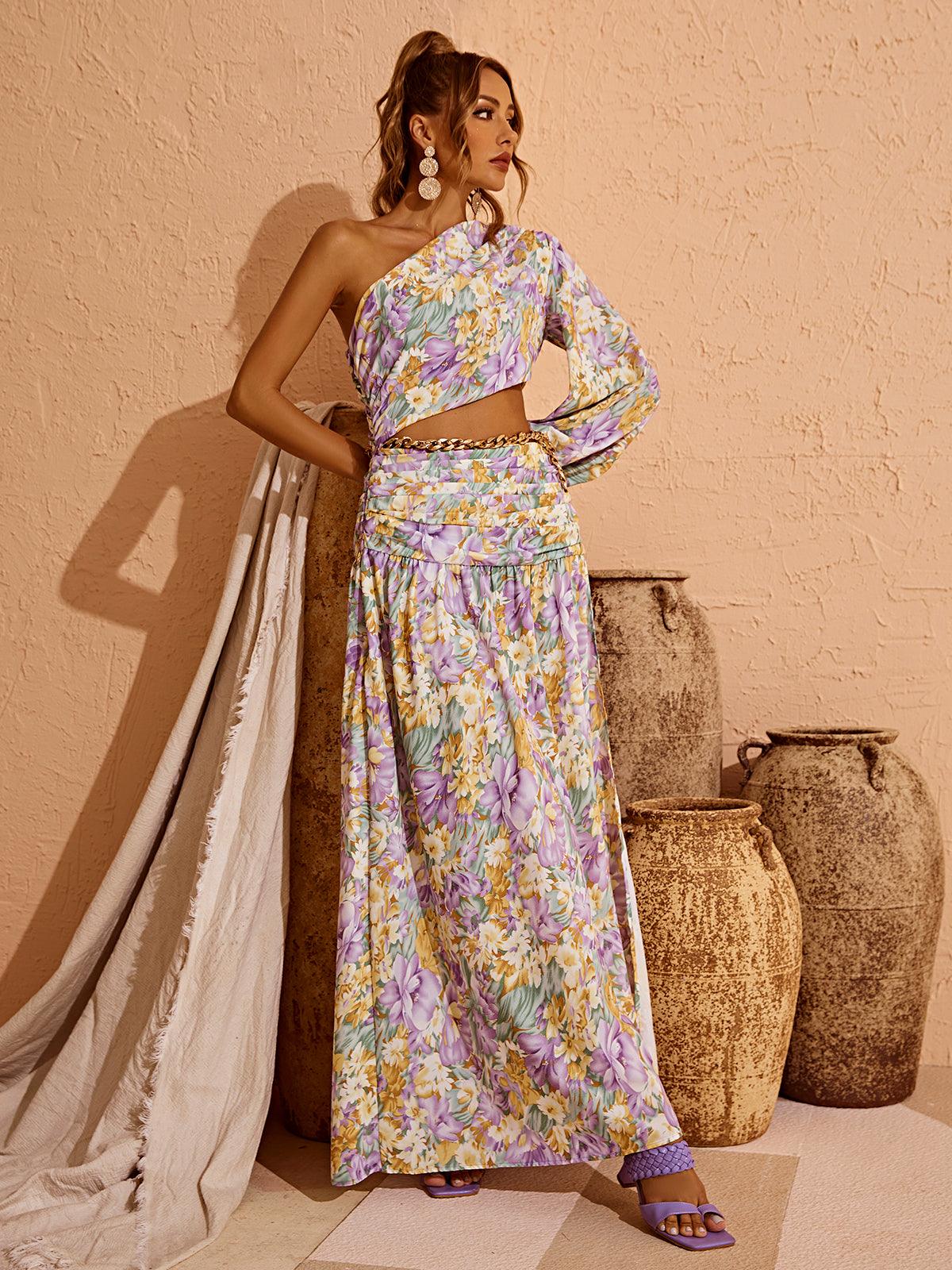 Annabella One Shoulder Floral Cutout Maxi Dress In Purple