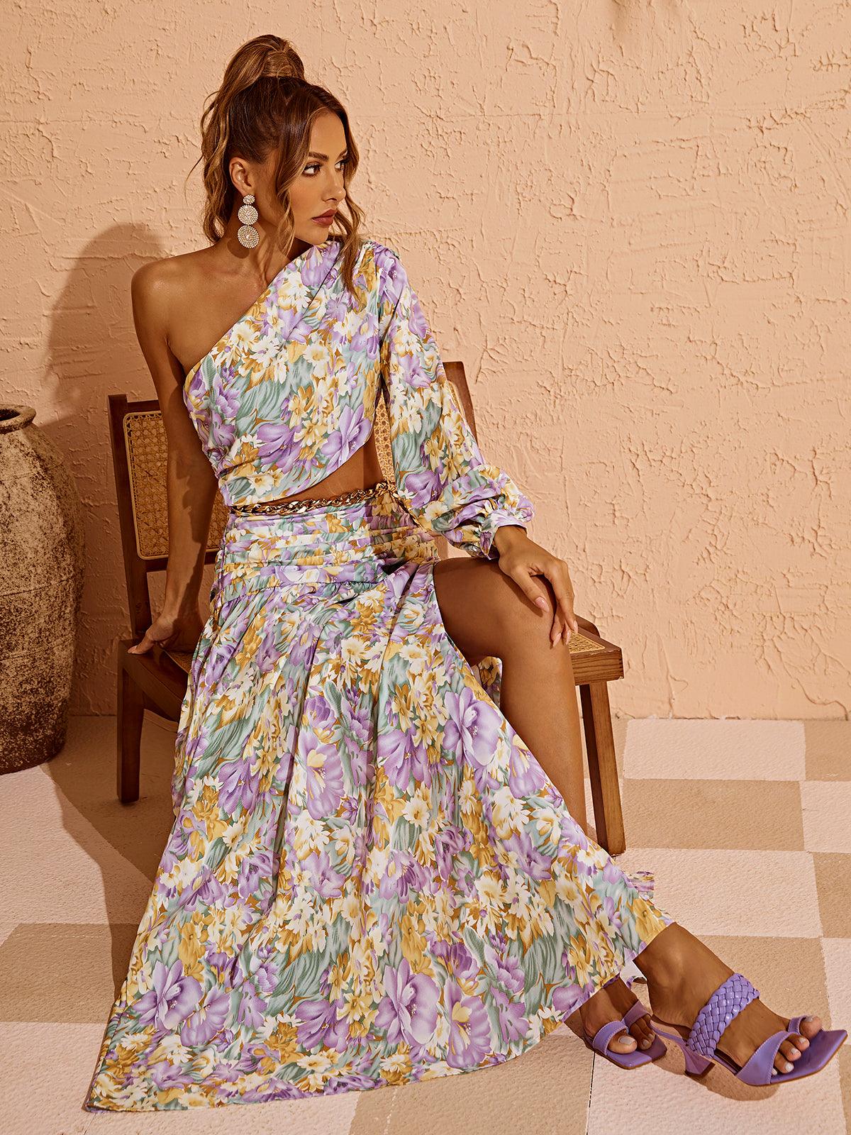 Annabella One Shoulder Floral Cutout Maxi Dress In Purple
