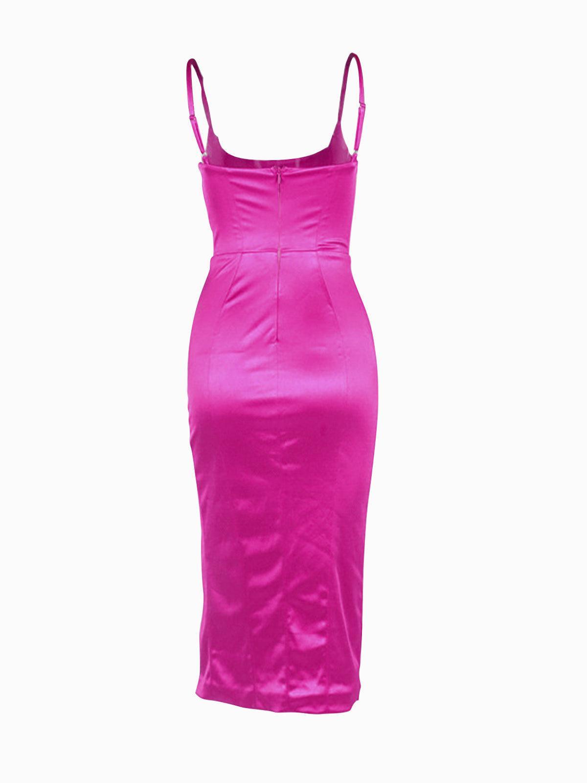 Annie Satin Midi Dress In Hot Pink