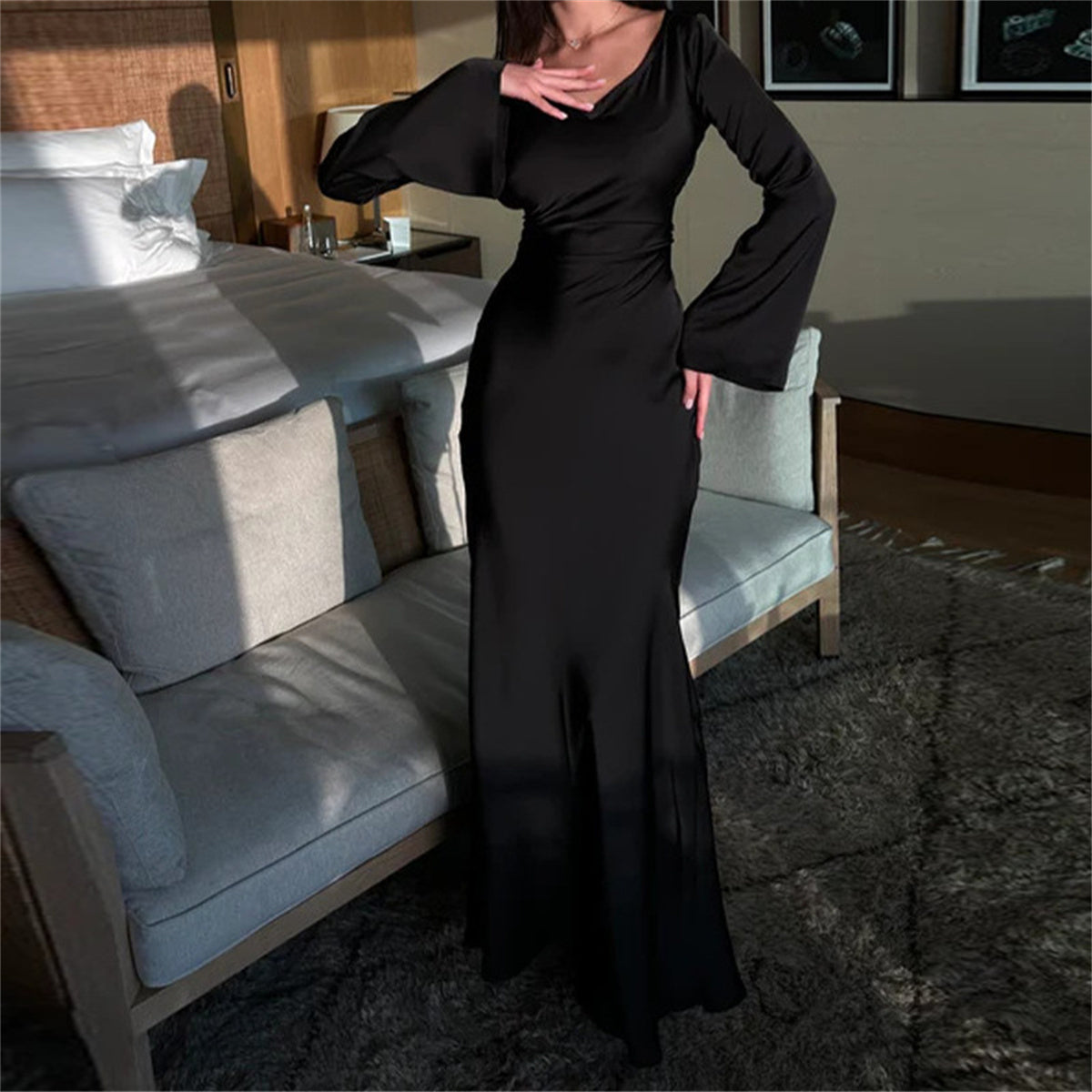 Satin Scoop Neck Bell Sleeve Ruched Waist Mermaid Maxi Dress - View 15