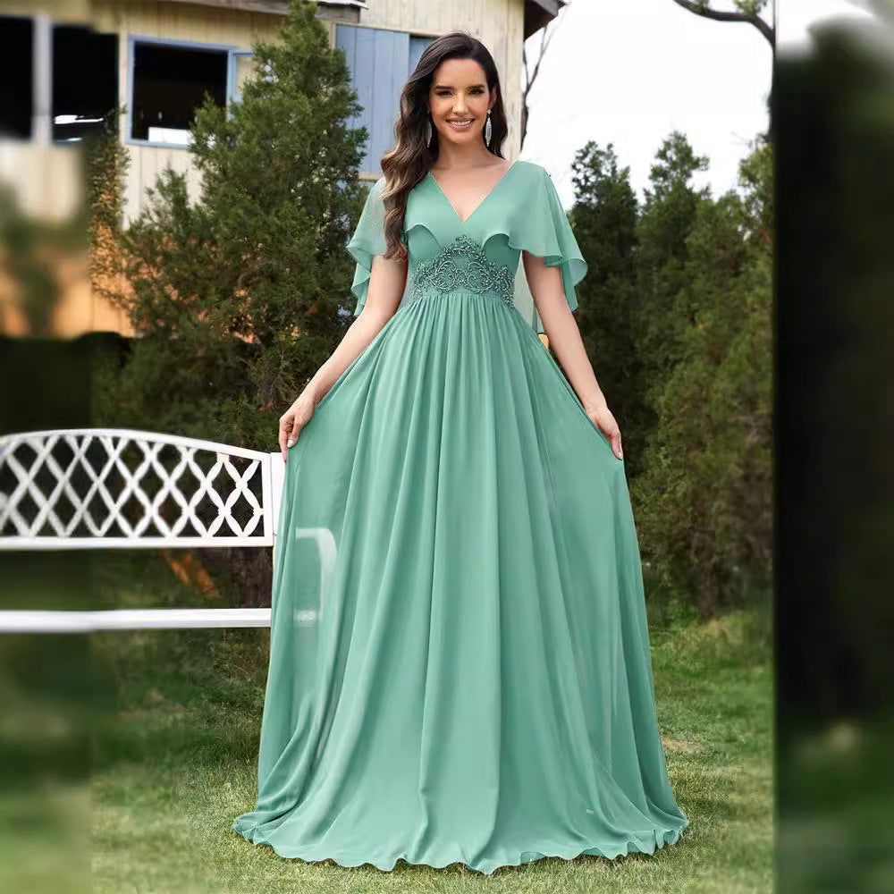 Chiffon V-Neck Flutter Sleeve Lace Waist A-Line Maxi Dress
