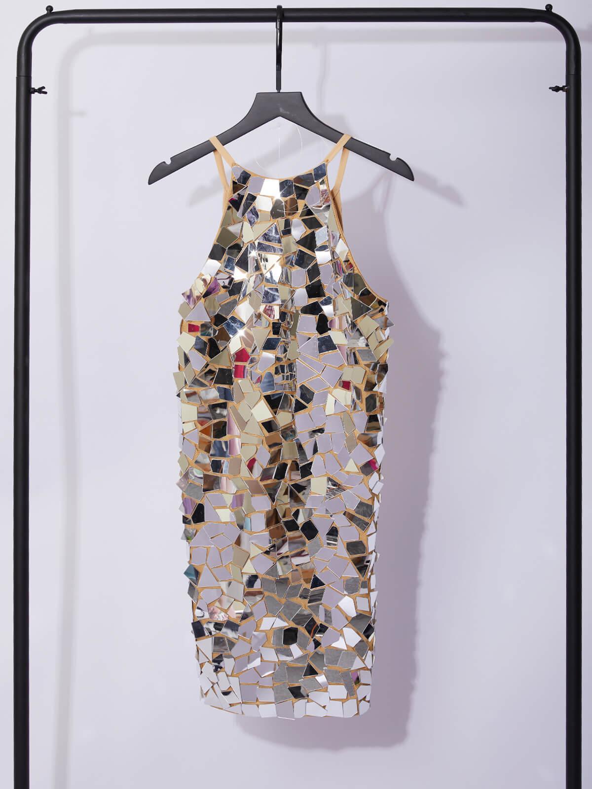 Mirror Mosaic Shard Halter Neck Bodycon Mini Dress - View 6