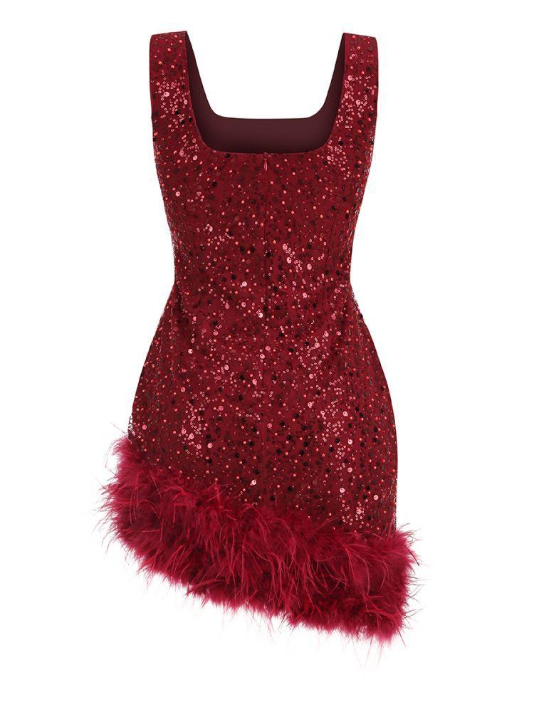 Sequin Square Neck Sleeveless Feather Trim Bodycon Mini Dress - View 7