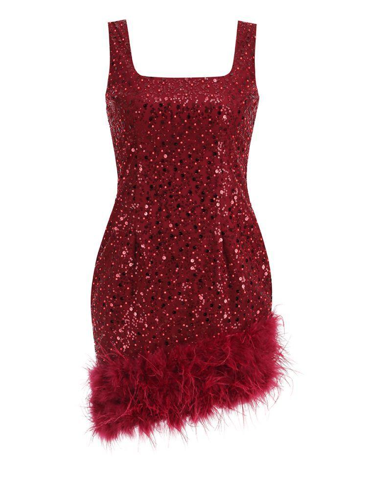 Sequin Square Neck Sleeveless Feather Trim Bodycon Mini Dress - View 6
